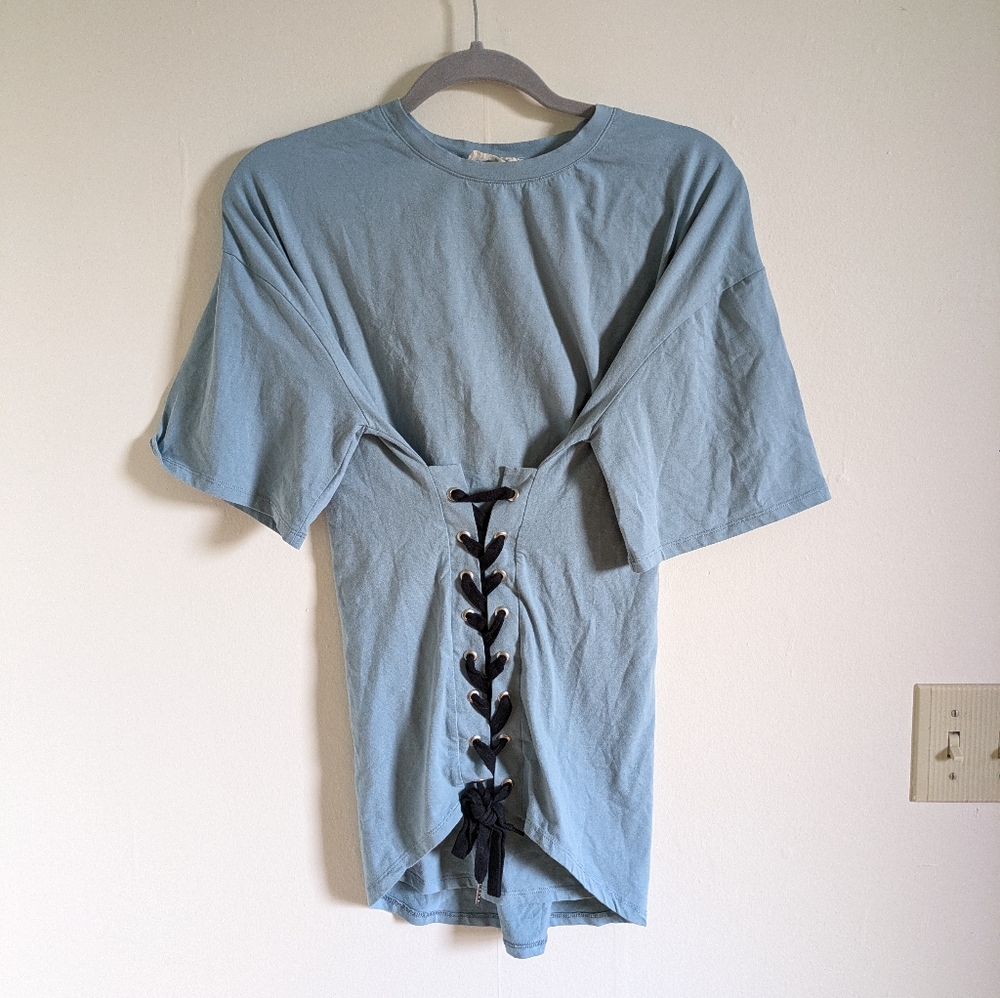 Unique Lace Up detail Blue Short Sleeve Tee t-shirt soft size Medium